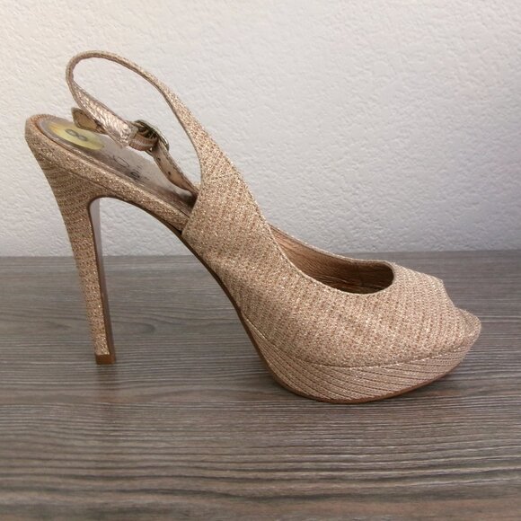 Adrianna Papell Shimmery Sparkly Gold Stiletto Heels Shoes Slingback Peep Toe 8 - Picture 7 of 16